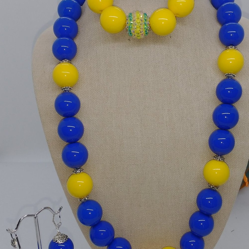 Necklace | Bracelet | Earring - Blue and Yellow Chunky Statement Set
